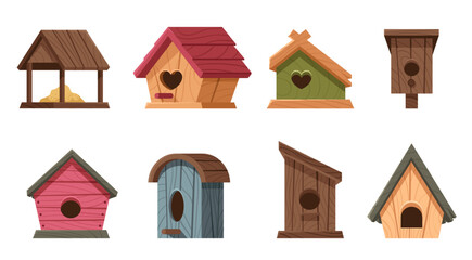 Cartoon wooden bird houses. Rustic avian homes with various designs. Hand made bird feeders of various shapes