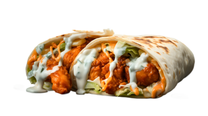 A buffalo chicken wrap with a transparent background.