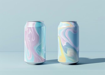 Fototapeta premium Close-up of two different colorful aluminum drink cans on a blue background.