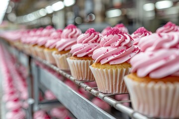 Rows of colorful cupcakes with creamy frosting travel through a factory production line.