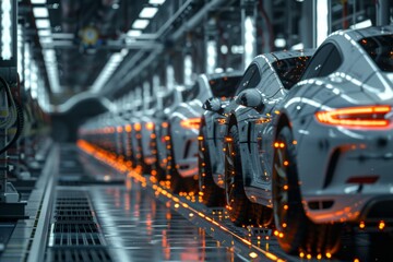 A row of white sports cars lined up on an assembly line inside a high-tech factory.