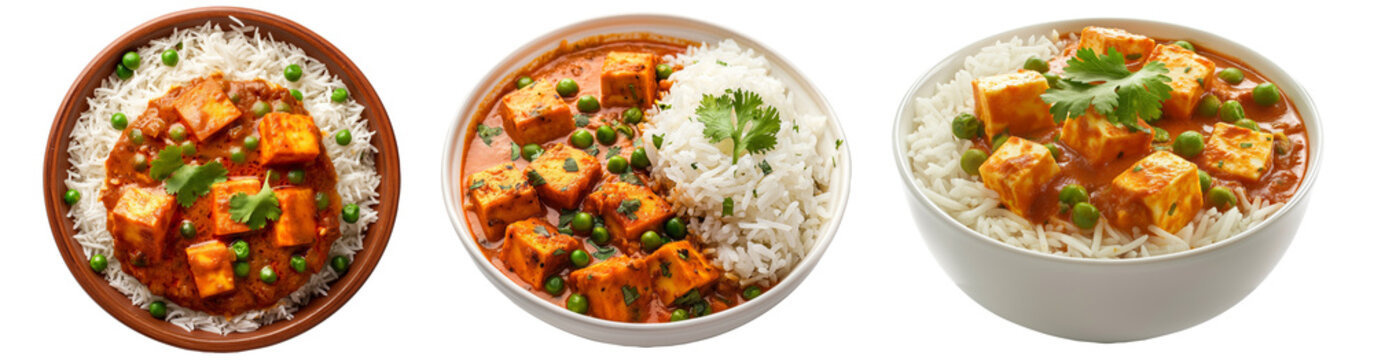 mutter panner with boiled rice in bowl handi, green peas, and cottage cheese curry, isolated transparent png, Indian traditional local food dish