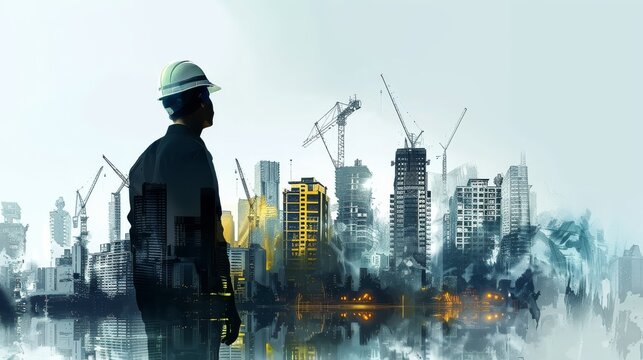 illustration digital building construction engineering with double exposure graphic design. Building engineers, architect people or construction workers working