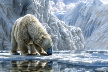 Polar bear searching for food amidst receding ice shelves, highlighting the challenges faced by wildlife in a warming world.