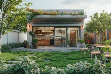 Fototapeta premium Coffee shop on earth and lawn grass in real estate sale or property investment concept. 3d rendering