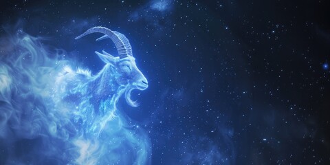 The image of Capricorn on an abstract mystical background among smoke, clouds and stars