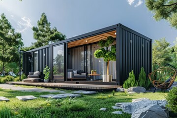 Container house and office with lawn grass. 3d rendering