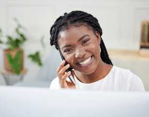 Portrait, receptionist or happy black woman in phone call for writing, contact in business for planning. PA, secretary and assistant with mobile, computer or communication for booking appointment