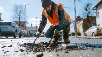 A young male construction worker, sporting a beard and reflective vest, using a shovel to fill potholes on a sunny day. 