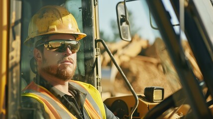 A young male construction worker, sporting a beard and safety helmet, operating a bulldozer to clear debris on a sunny day.