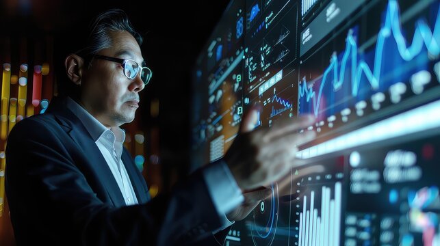 A visionary Hispanic CEO commanding attention as he manipulates graphs and figures on an interactive display. 