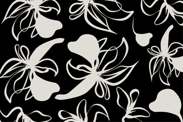 Hand drawn simple abstract flowers black and white tone. Trendy collage pattern. Fashionable template for design. Modern Floral pattern textile