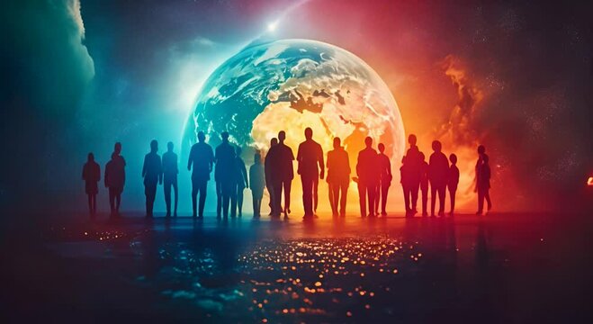 A symbolic globe manipulation background with human silhouettes representing diversity and inclusion
