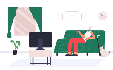 Elderly people watching tv, old characters resting on couch. Old woman sitting on sofa holding remote controller