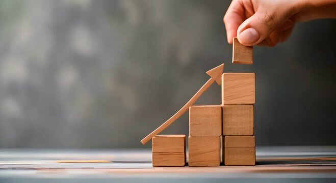 Ladder career path for business growth success process concept.,Hand arranging wood block stacking as step stair with arrow up