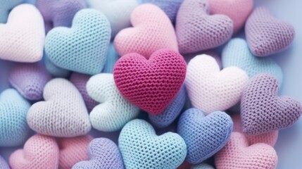 Obraz premium Valentine's day background. Blue and pink knitted hearts