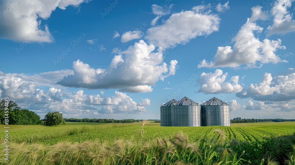 Wall mural A tranquil countryside setting with grain silos framed by a clear blue sky and fluffy white clouds, evoking a sense of peace and tranquility.