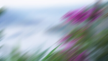 Abstract art background with blur digital motion effect of green grass and pink flowers.