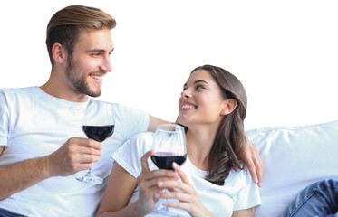 Young loving couple drinking a glass of red wine on a transparent background