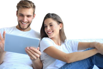 Young couple watching media content online in a tablet sitting on a sofa on a transparent background