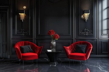 Elegant dark interior with bright red armchairs, 3d render