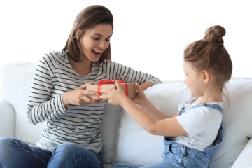Little girl make birthday present to excited parent while they sitting on couch with mom , smiling little child congratulate give gift box to happy mother on a transparent background