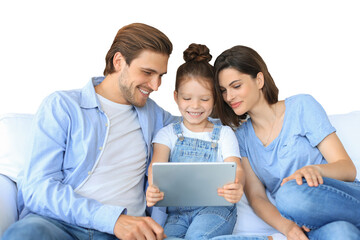 Obraz premium Positive friendly young parents with smiling little daughter sitting on sofa together answering video call on digital tablet while relaxing at home on weekend on a transparent background