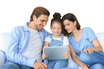 Positive friendly young parents with smiling little daughter sitting on sofa together answering video call on digital tablet while relaxing at home on weekend on a transparent background