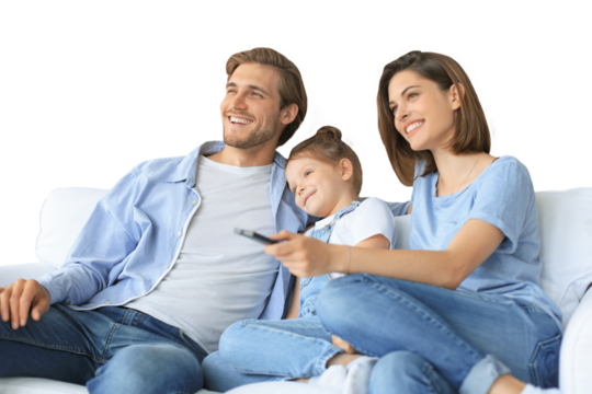 Happy family with child sitting on sofa watching tv, young parents embracing daughter relaxing on couch together on a transparent background - Powered by Adobe