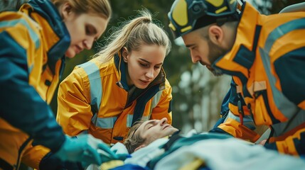 A team of skilled rescuers working efficiently to stabilize an injured individual's neck with a splint before transferring them onto an emergency bed for transport to the hospital.