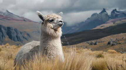 Fototapeta premium Llama or alpaca grazing in the Andes mountains