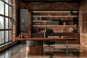 Empty CEO Office Interior With Table, Office Chairs, Cabinets And Brick Wall