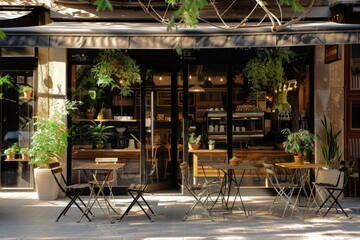 Entrance Of Coffee Shop With Tables And Chairs On Sidewalk 
