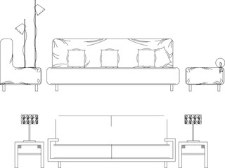 vector illustration sketch design drawing of modern living room and family room sofa chairs 