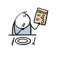 Confused cartoon stickman looks at the menu and is scared of high prices. Vector illustration of cartoon guy in an expensive restaurant waiting for a waiter. Isolated on white background.