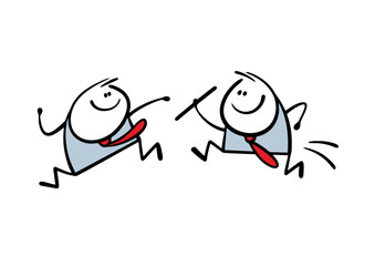 Business concept of teamwork. Two stickmen run the baton, the businessman passes the wand to a colleague. Vector illustration of satisfied office employees. People strive for success together. 