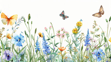 Fototapeta na wymiar Floral horizontal border Watercolour meadow flower