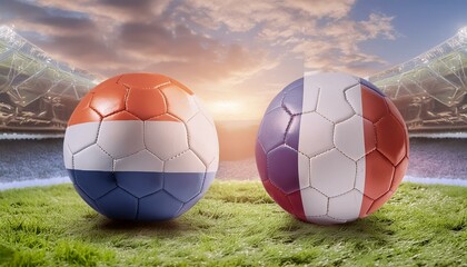 the excitement of the Netherlands vs France match with two footballs featuring the respective flag colors, igniting the spirit of competition