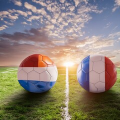 the excitement of the Netherlands vs France match with two footballs featuring the respective flag colors, igniting the spirit of competition
