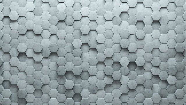3D Tiles arranged to create a Futuristic wall. Semigloss, Concrete Background formed from Hexagonal blocks. 3D Render