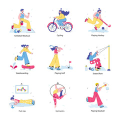 Trendy Doodle Mini Illustrations Depicting Fitness Sports 

