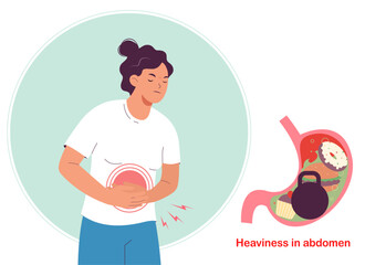 Woman hurts stomach. Heaviness in stomach, bloating, nausea. Digestive system problem. Flat vector illustration