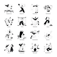 Collection of Fitness Routine Doodle Mini Illustrations


