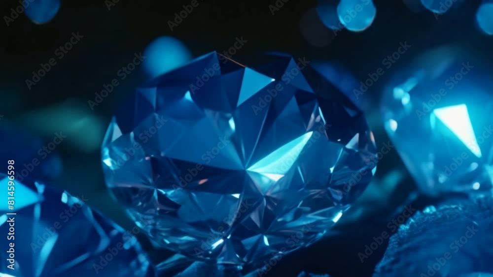 Poster a close up of four blue diamonds. the diamonds are all different sizes and are set in a black backgr