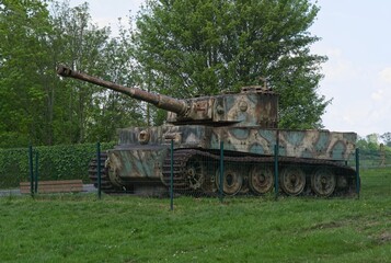 Vimoutiers, France - May 7, 2024: German Tiger Tank Panzer VI during Second World War. This is the last Tiger tank to be found in Normandy. Selective focus.