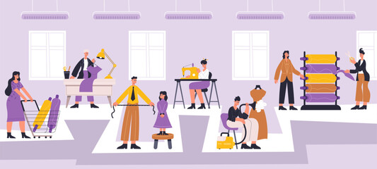 Fashion atelier workers, sewing, dressmaking workshop interior. Designer studio with workers choosing materials