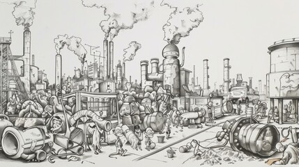A cartoonish drawing of a factory with a lot of smoke and steam