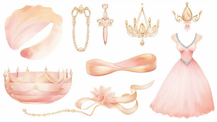 A set of pink icons of royal jewelry on a white background