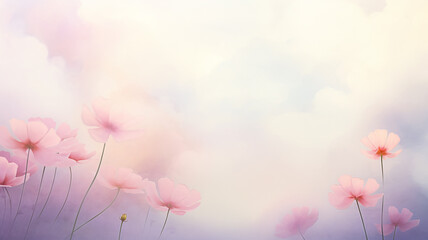 Pink wildflowers on a pastel sky background, greeting card in watercolor style