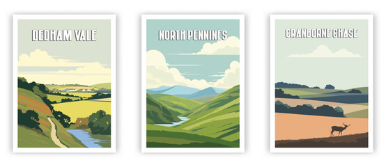 Dedham Vale, North Pennines, Cranborne Chase Illustration Art. Travel Poster Wall Art. Minimalist Vector art